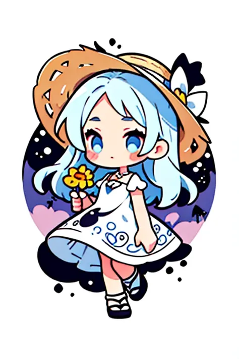 a  wearing flowered dress, straw hat, sticker, cute 2d, fantasy, chibi, dreamy, vector illustration, 2d flat, centered, by Tim Burton, professional, elegant, modern, minimalist, graphic, line art, stroke graphics