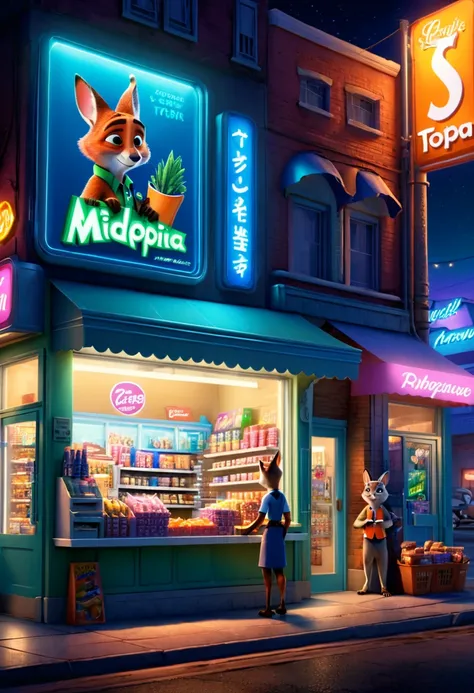 midnight convenience store, movie still, by Zootopia, (masterpiece, best quality, Professional, perfect composition, very aesthetic, absurdres, ultra-detailed, intricate details:1.3)