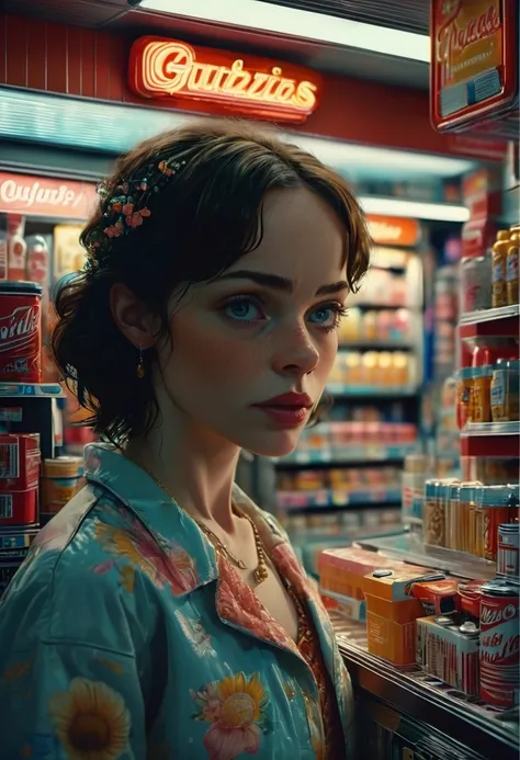 midnight convenience store, best quality, masterpiece, very aesthetic, perfect composition, intricate details, ultra-detailed, by Annie OBrien, movie still