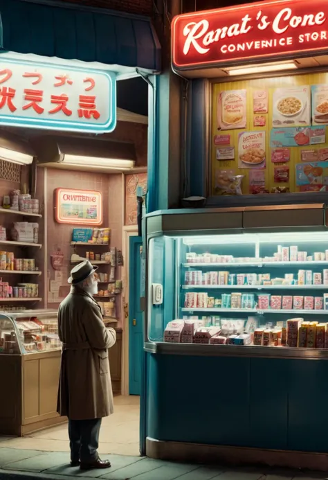 midnight convenience store, Movie Still, action shot, Ernest and Celestine, (masterpiece, best quality, Professional, perfect composition, very aesthetic, absurdres, ultra-detailed, intricate details:1.3)