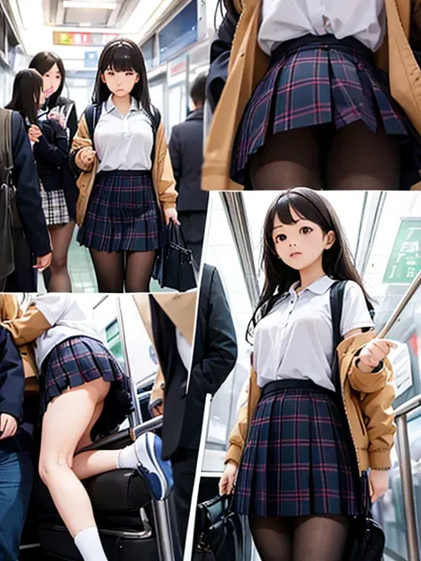 profile view, show your whole body, I can see my feet, 3 Japanese female students, plaid skirt, polo shirt, School Jacket, pantyhose, Crowded subway cars、from below、multiple views