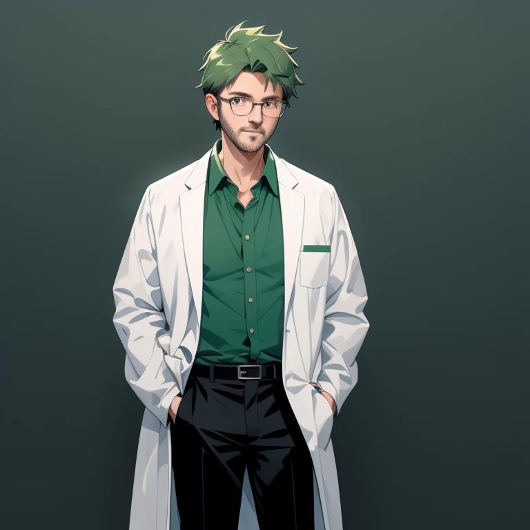 1 old man, 30 years old, white lab coat, dark green hair, blue collared shirt, black pants, glassese, full body, standing, lower...