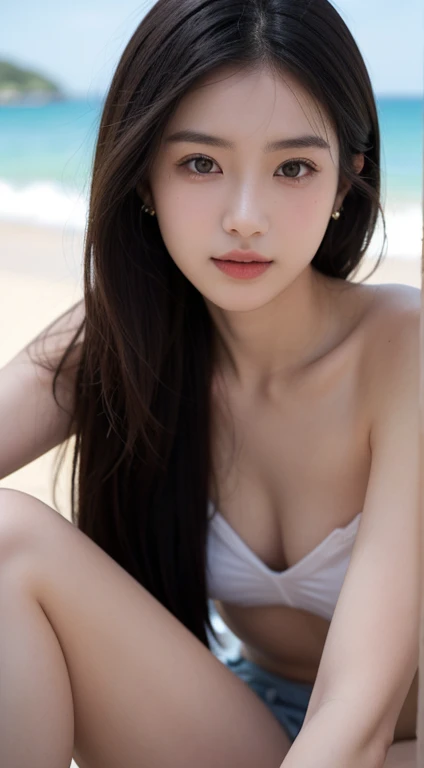 ikon RAW photo,8 k,Fujifilm XT3,masterpiece, best quality, realistic, photorealistic,ultra detailed,1girl,solo, close up portrait, diamond stud earrings, long straight black hair, hazel eyes, serious expression, topless , Ocean , saika1,underless,underless...