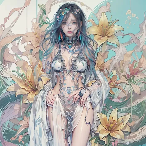 ((One, 1 girl, tattoos, glowing tattoos, brilliant, white-fluffy 16+), (skull, Flowers), (black transparent dress-clothing)), (sexual, erotic)) _((Delicate scarlet lips), (straight black hair - long, basic moments, blue, cascade), (multi-colored brilliant ...