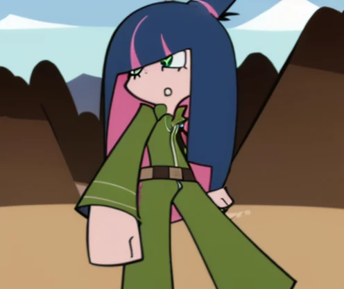 1girl, Short Blue Shaggy Undercut Hair, Green Tracksuit, Angry and Crazy Rage, Desert Style of Panty and Stocking with Garterbelt