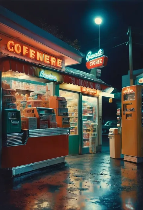 midnight convenience store, best quality, masterpiece, very aesthetic, perfect composition, intricate details, ultra-detailed, by Slim Aarons