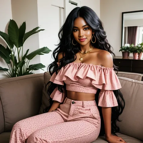 Very long wavy voluminous black hair,  black woman, medium brown skin tone, closed smile, luxury decor, huge living room, couch, room full of plants, printed pink off shoulder crop top and pants, from a distance