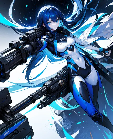 no background，girl，carry a firearm，Enamel-like tight suit，use of firearms，dark blue long hair，attention arousal，blue colored eyes,no gradation