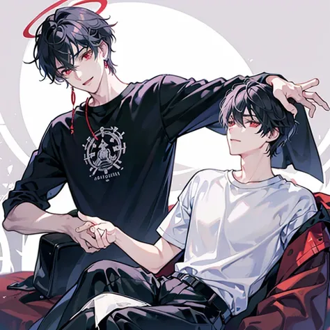 Makes a young man from an anime who has a serious look with black hair, earrings, male red eyes, he has a purple halo, a white t-shirt, with a pair of white earphone, black pants, he smiles, his eyes look tired,he look emo