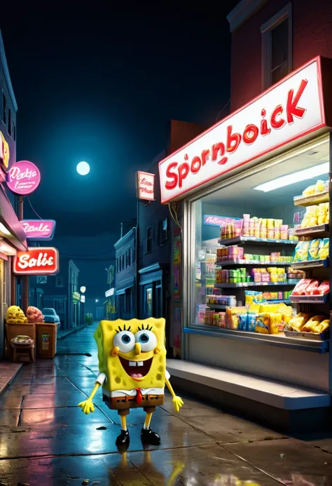 midnight convenience store, Movie Still, action shot, SpongeBob SquarePants, (masterpiece, best quality, Professional, perfect composition, very aesthetic, absurdres, ultra-detailed, intricate details:1.3)