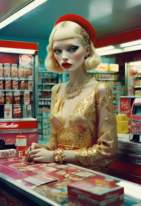 midnight convenience store, best quality, masterpiece, very aesthetic, perfect composition, intricate details, ultra-detailed, by Miles Aldridge