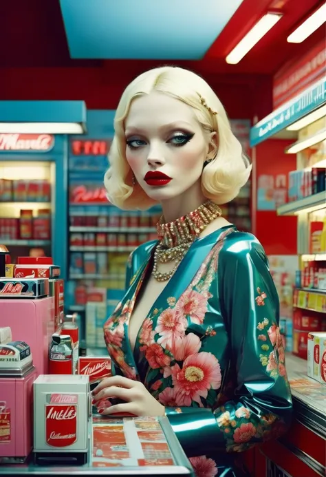 midnight convenience store, best quality, masterpiece, very aesthetic, perfect composition, intricate details, ultra-detailed, by Miles Aldridge