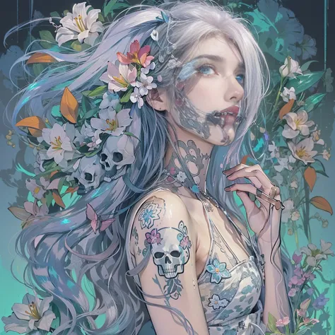 ((One, 1 girl, tattoos, glowing tattoos, brilliant, white-fluffy 16+), (skull, Flowers), (black transparent dress-clothing)), (sexual, erotic)) _((Delicate scarlet lips), (straight black hair - long, basic moments, blue, cascade), (multi-colored brilliant ...