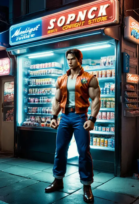 midnight convenience store, Movie Still, action shot, Street Fighter, vs, King of Fighters, (masterpiece, best quality, Professional, perfect composition, very aesthetic, absurdres, ultra-detailed, intricate details:1.3)