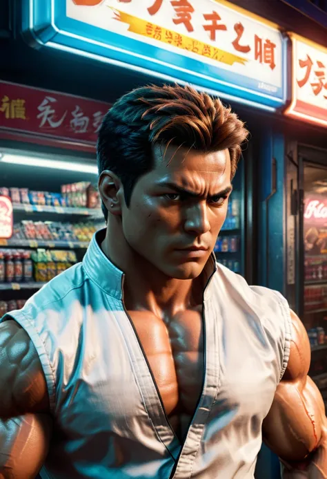 midnight convenience store, Movie Still, action shot, Street Fighter, vs, King of Fighters, (masterpiece, best quality, Professional, perfect composition, very aesthetic, absurdres, ultra-detailed, intricate details:1.3)