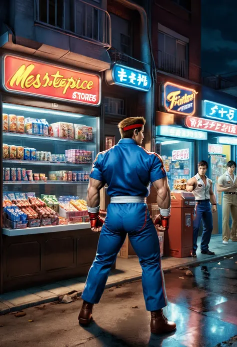 midnight convenience store, Movie Still, action shot, Street Fighter, vs, King of Fighters, (masterpiece, best quality, Professional, perfect composition, very aesthetic, absurdres, ultra-detailed, intricate details:1.3)