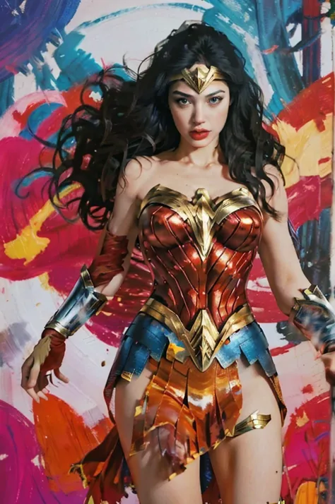 Create a painting that captures the essence of a powerful emotional sexy wonder woman. Use bold brushstrokes, vibrant colors, and abstract shapes to convey the intensity of the emotions.