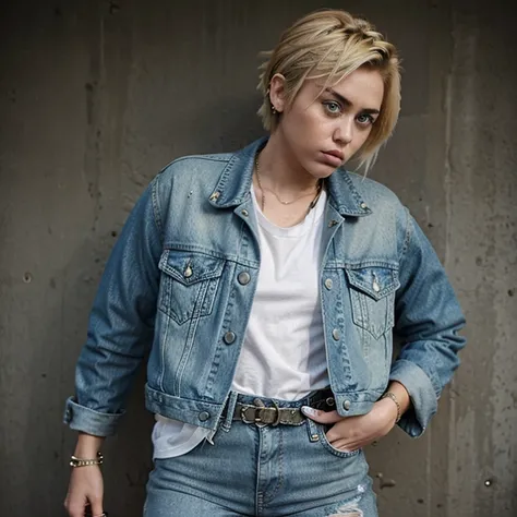 Miley Cyrus with dyed blonde hair dressed in denim jacket and leather jeans with angry look