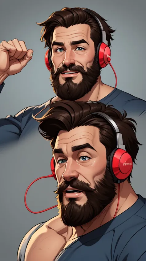 Man with beard Cartoon style digital illustration with happy expression wearing headphones Cartoon style 