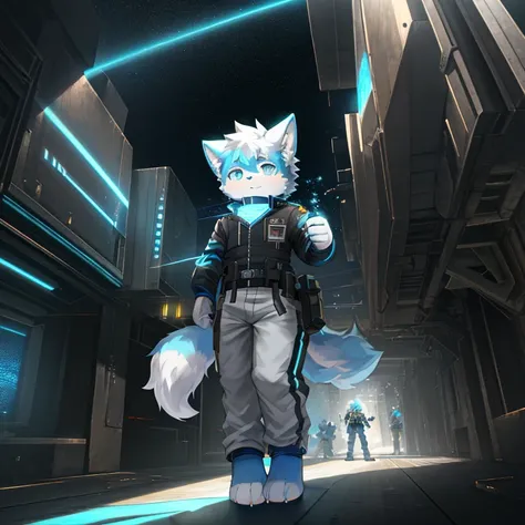 "(High quality of sci-fi scenery and shadows，Ray tracing，Particle effect，8K resolution)，(Cat-eared Shota boy and oversized wolf tail+Large long ears)of(White luminous pants+The fur is white of+and blue tricolor luminous clothes)，individual，Wearing a futuri...