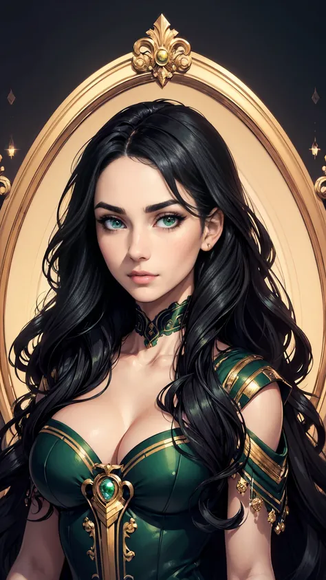 (masterpiece, Best quality, A high resolution, ultra detailed),(beautiful and aesthetically pleasing:1.2), 1 woman, perfect body, wavy black hair, green eyes, Beautiful face, (A slight smile:0.8), detailed eyes and face, puzzled facial expression, astonish...