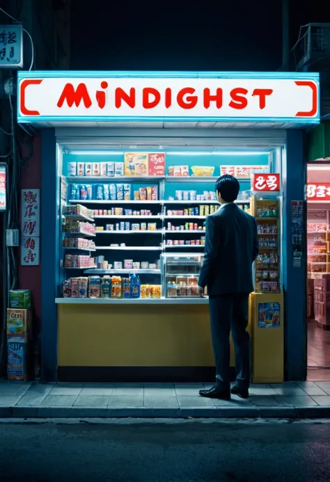 midnight convenience store, Movie Still, action shot, by Emmanuel Shiu, (masterpiece, best quality, Professional, perfect composition, very aesthetic, absurdres, ultra-detailed, intricate details:1.3)