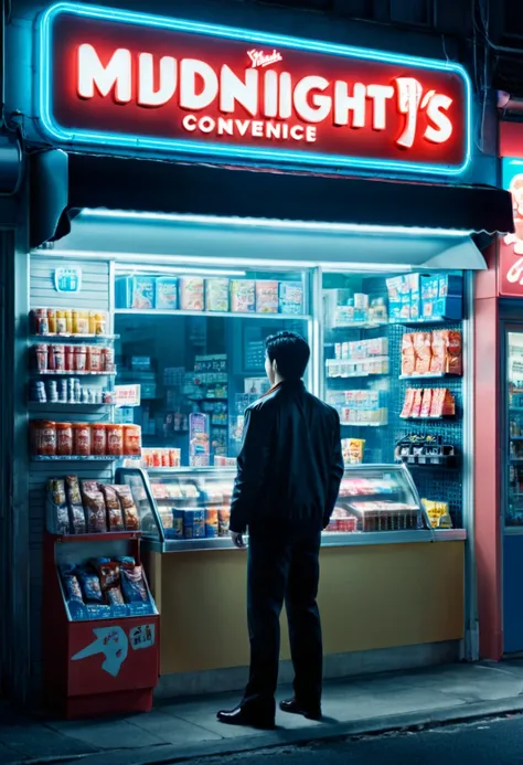 midnight convenience store, Movie Still, action shot, by Emmanuel Shiu, (masterpiece, best quality, Professional, perfect composition, very aesthetic, absurdres, ultra-detailed, intricate details:1.3)