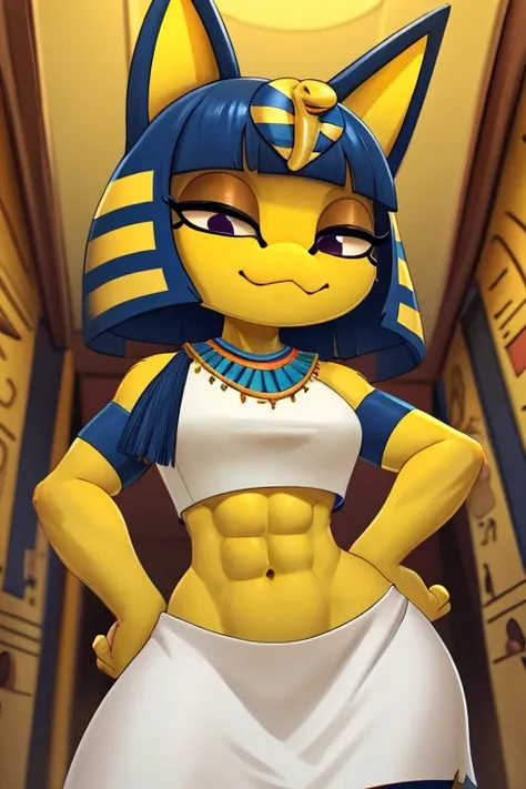 ((best quality)), ((masterpiece)), (detailed), perfect face, a digital artwork of Ankha with abs wearing a crop top of her white  sleeveless  dress outfit with a bare midriff and a bare navel, Egyptian setting, smug face, 