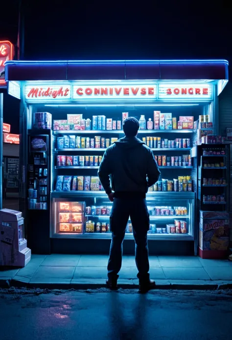 midnight convenience store, Movie Still, action shot, by dan mumford, (masterpiece, best quality, Professional, perfect composition, very aesthetic, absurdres, ultra-detailed, intricate details:1.3)