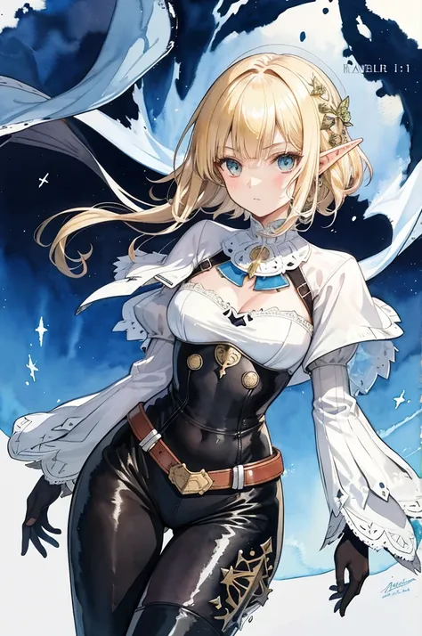 (Super detailed),fat，Watercolor pattern),(watercolor texture), (charming),stand up，One piece black stockings，,(watercolor texture) ,(watercolor texture)，Altria，saber，armor，Elf，Royal sister，noble，armor，blond，killer，cold expression，leather pants