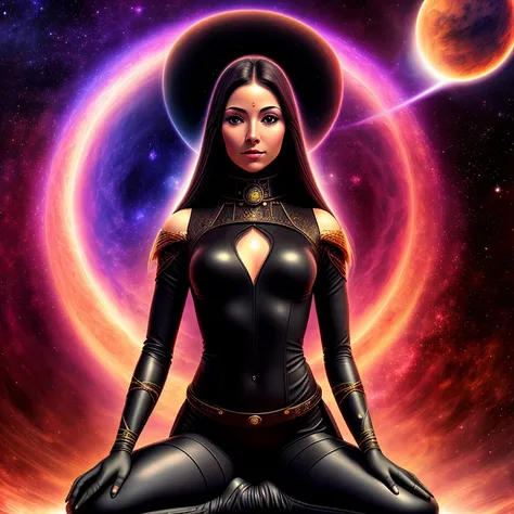  Black Hole goddess sitting in the lotus asana,  Space goddess,  mystical energy aura,portrait, masterpiece, 8k resolution, warp space background, Caza art, digital art