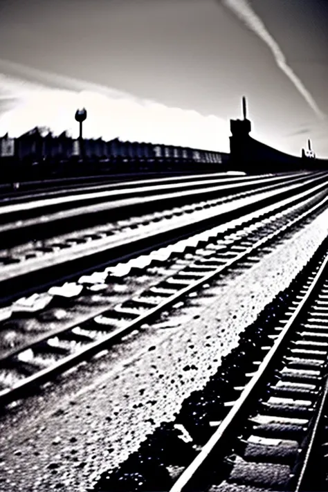 black, white, running train on the rail, fortress, big wall,  dark sky, 