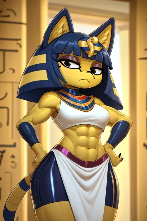 ((best quality)), ((masterpiece)), (detailed), perfect face, a digital artwork of Ankha with abs wearing a crop top of her white  sleeveless  dress outfit with a bare midriff and a bare navel, Egyptian setting, smug face, 