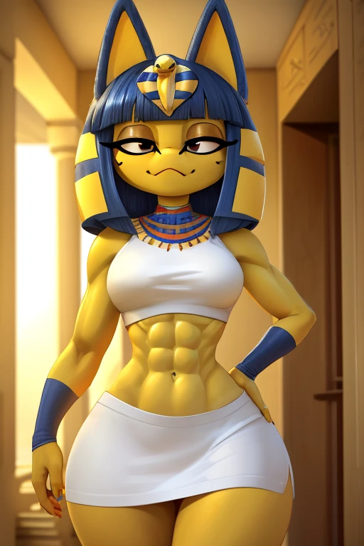 ((best quality)), ((masterpiece)), (detailed), perfect face, a digital artwork of ankha with abs wearing a crop top of her white...