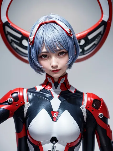 Masterpiece, highest quality, 8K, detailed skin texture, fine cloth texture, beautiful detailed face, intricate details, super detailed, portrait of Rei Ayanami, blue hair, red eyes, looking far away, no background, Evangelion Wearing a plug suit when ridi...