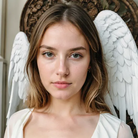 (best quality, masterpiece:1.2), (artwork), (detailed), angelic woman, perfect appearance, angelic appearance, with cherub wings, angelic clothes, with glowing halo, wonderful face, peaceful gaze, soft gaze