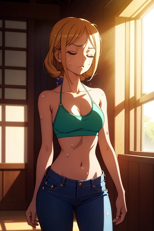 Tanned-skinned anime girl, wearing a bikini top and jeans, lies down with a pained expression on her face, her stomach twisted in discomfort. Her lean body appears starved, the jeans hanging loosely on her hips. Sweat beads on her brow, and her eyes are cl...