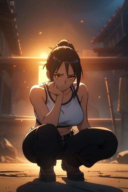 Beautiful tanned anime girl, slender waist and curvaceous hips, long black hair tied in a ponytail, expression of pain and discomfort on her face, bulging eyes reflecting her suffering, stomach clutched tightly with one hand, cargo pants around her knees, ...