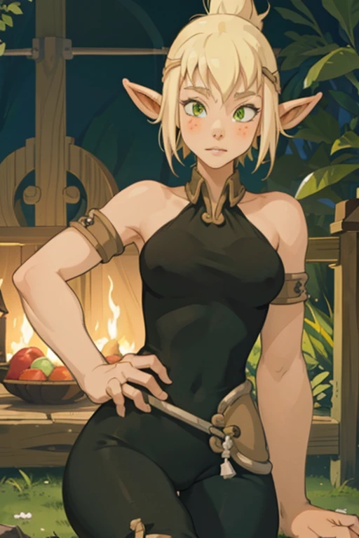 ((ultra quality)), ((chef-d&#39;artwork)), Evangelyne - Dedicated, Dedicated style, ((Cheveux courts blonds)), (beau visage), (beautiful female lips), (longues oreilles elfiques), charmant, ((expression faciale sexy)), regarde la caméra, eyes slightly open...