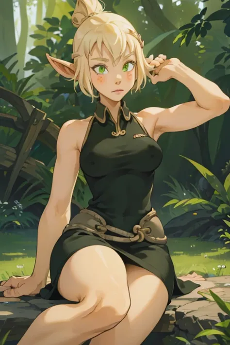 ((ultra quality)), ((chef-d&#39;artwork)), Evangelyne - Dedicated, Dedicated style, ((Cheveux courts blonds)), (beau visage), (beautiful female lips), (longues oreilles elfiques), charmant, ((expression faciale sexy)), regarde la caméra, eyes slightly open...