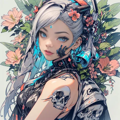 ((One, 1 girl, tattoos, glowing tattoos, brilliant, white-fluffy 16+), (skull, Flowers), (black transparent dress-clothing)), (sexual, erotic)) _((Delicate scarlet lips), (straight black hair - long, basic moments, blue, cascade), (multi-colored brilliant ...