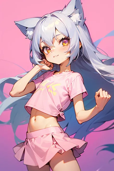 1girl, silver hair, golden eyes with pupils, ((skinny)), ((petite)), small, ((neko)), (cropped solid pastel pink tshirt), long hair, short skirt, (((kid))), cat ears, happy, blush, flat chest, midriff, at school, hand on tummy