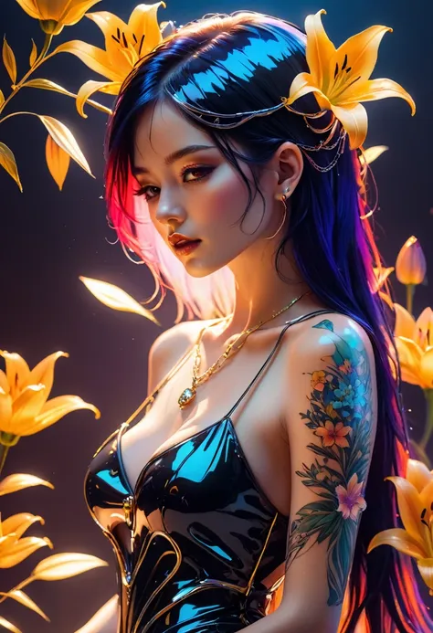 ((one, 1 girl, tattoos, glowing tattoos, brilliant, white-fluffy 16+), (skull, flowers), (black transparent dress-clothing)), (s...