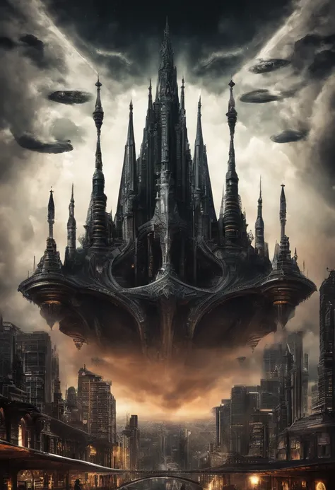 "a spaceship flying down into an alien city, dark clouds obscuring tall buildings, dark and ominous, digital art"