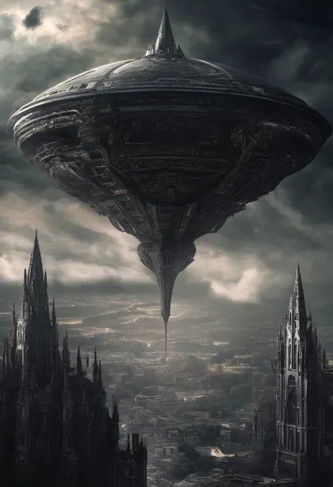 "a spaceship flying down into an alien city, dark clouds obscuring tall buildings, dark and ominous, digital art"