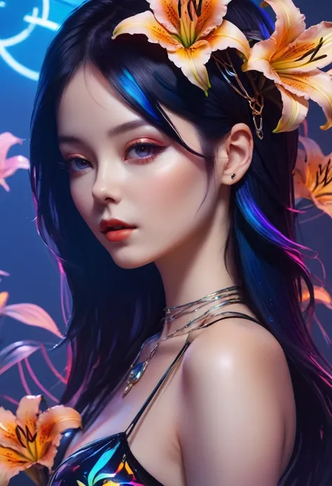 ((One, 1 girl, tattoos, glowing tattoos, brilliant, white-fluffy 16+), (skull, Flowers), (black transparent dress-clothing)), (sexual, erotic)) _((Delicate scarlet lips), (straight black hair - long, basic moments, blue, cascade), (multi-colored brilliant ...