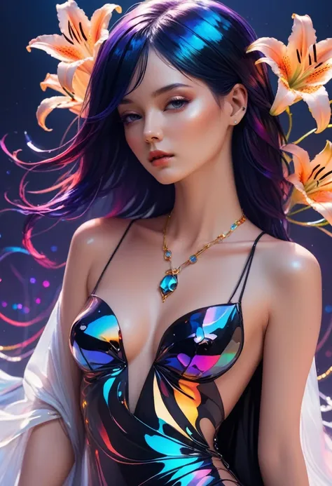 ((One, 1 girl, tattoos, glowing tattoos, brilliant, white-fluffy 16+), (skull, Flowers), (black transparent dress-clothing)), (sexual, erotic)) _((Delicate scarlet lips), (straight black hair - long, basic moments, blue, cascade), (multi-colored brilliant ...