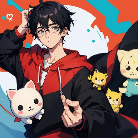 1boy, anime, hoshiko artstyle, perfect face, glasses, sanrio oversized hoodie, black hair