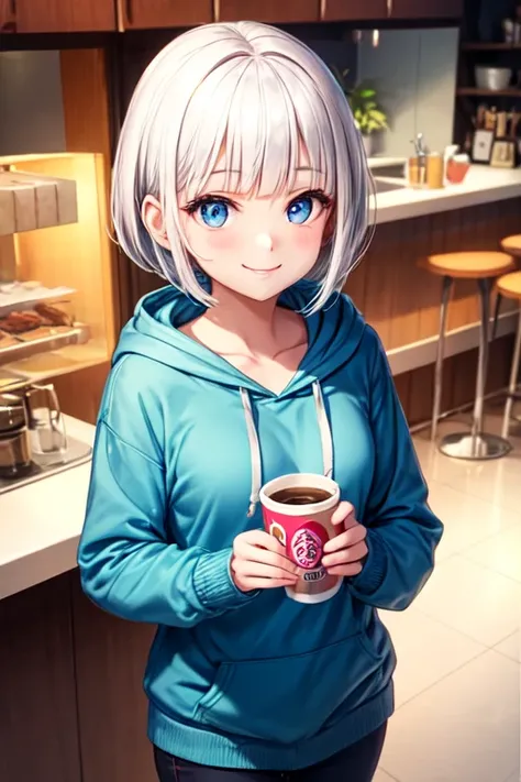 A shy kind-hearted young girl with a white bob and blue eyes in a hoodie is smiling while holding a cup of coffee in her hands. 