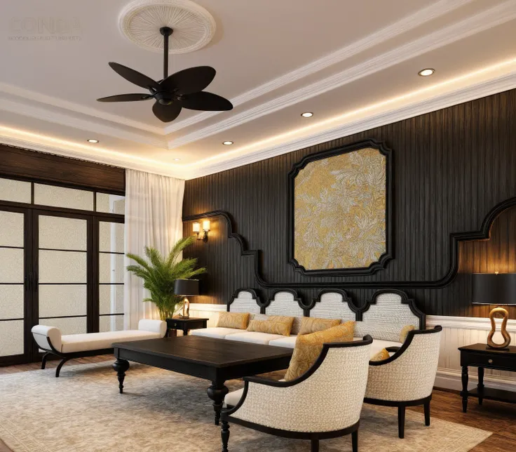 living room, sofa with chair and table indochine motif,, (indochine style:1.2), art paint wall, lamp, potted plant, (white wall:1.2), (black wooden furnitures:1.5), interior design, (indochine furniture style), (An Cuong black Wooden Furniture indochine St...